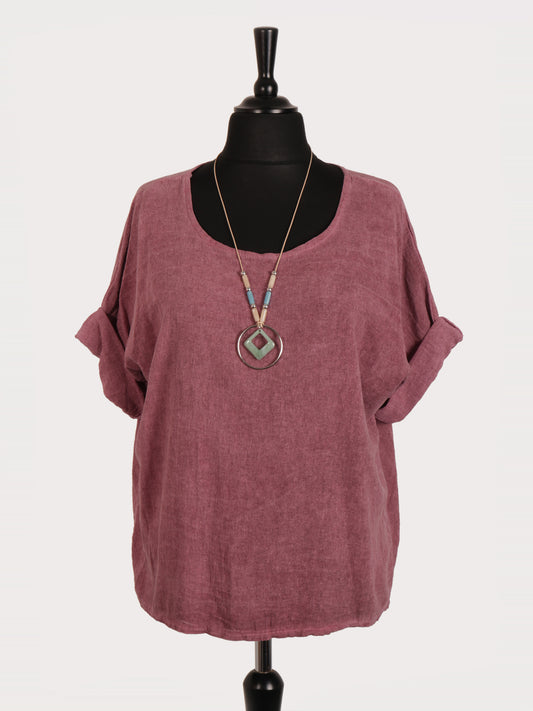 Italian Vintage Dye Linen Blend Top with Necklace - Plum