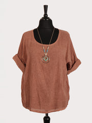Italian Vintage Dye Linen Blend Top with Necklace - Rust