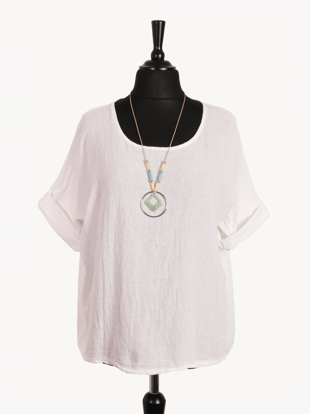 Italian Vintage Dye Linen Blend Top with Necklace - White