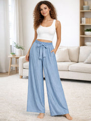 Italian Wide Leg Chambray Trousers With Tie Waist- Light Denim