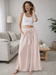 Italian Wrap Front & Split Hem Wide Leg Trousers With Tie Waist - Baby Pink