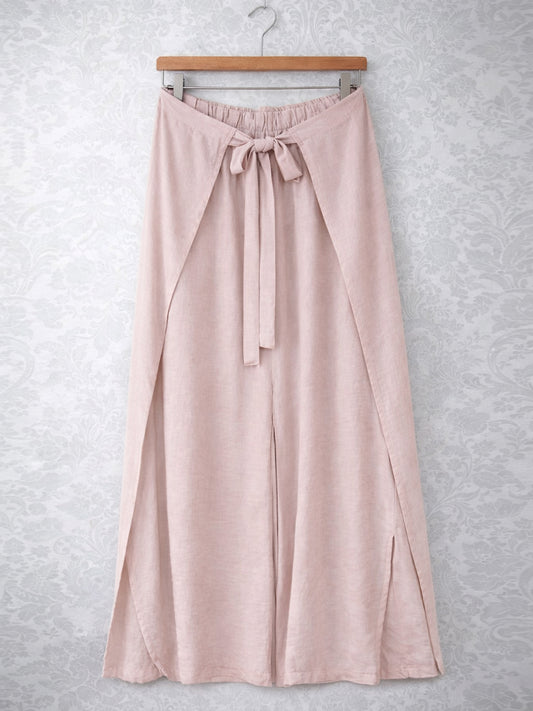 Italian Wrap Front & Split Hem Wide Leg Trousers With Tie Waist - Baby Pink