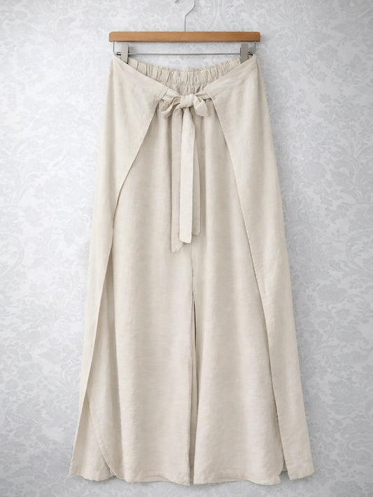 Italian Wrap Front & Split Hem Wide Leg Trousers With Tie Waist - Beige