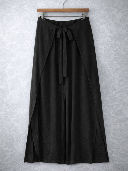 Italian Wrap Front & Split Hem Wide Leg Trousers With Tie Waist - Black