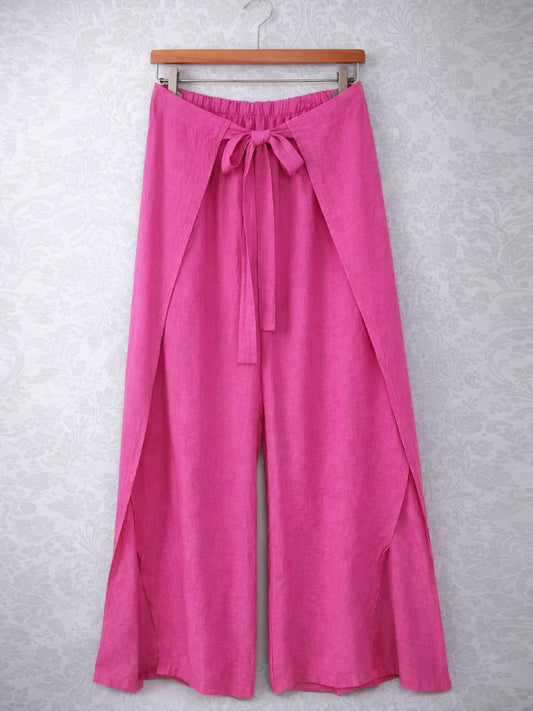 Italian Wrap Front & Split Hem Wide Leg Trousers With Tie Waist - Cerise
