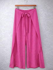 Italian Wrap Front & Split Hem Wide Leg Trousers With Tie Waist - Cerise