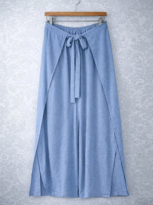 Italian Wrap Front & Split Hem Wide Leg Trousers With Tie Waist - Light Denim