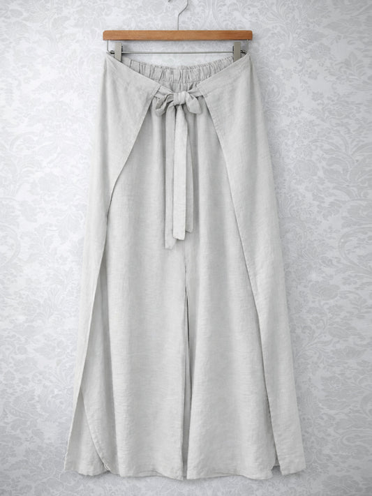 Italian Wrap Front & Split Hem Wide Leg Trousers With Tie Waist - Grey
