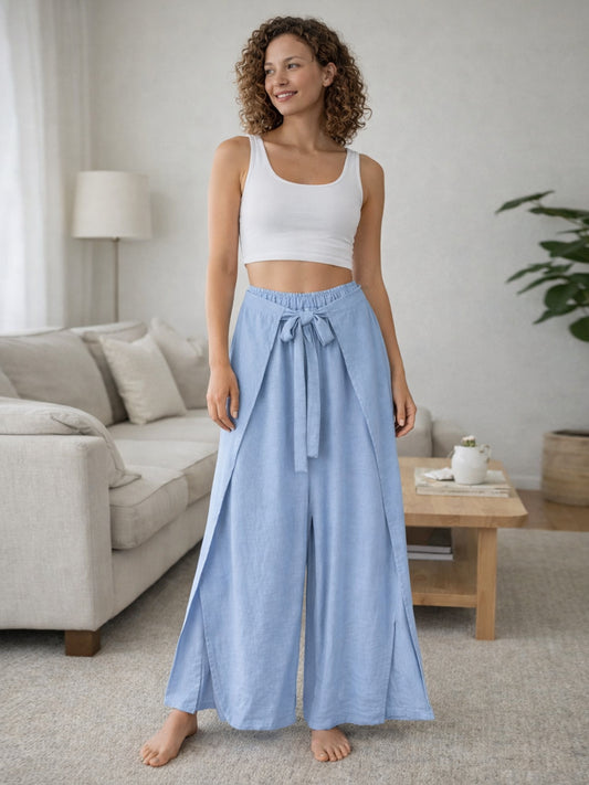 Italian Wrap Front & Split Hem Wide Leg Trousers With Tie Waist - Sky Blue