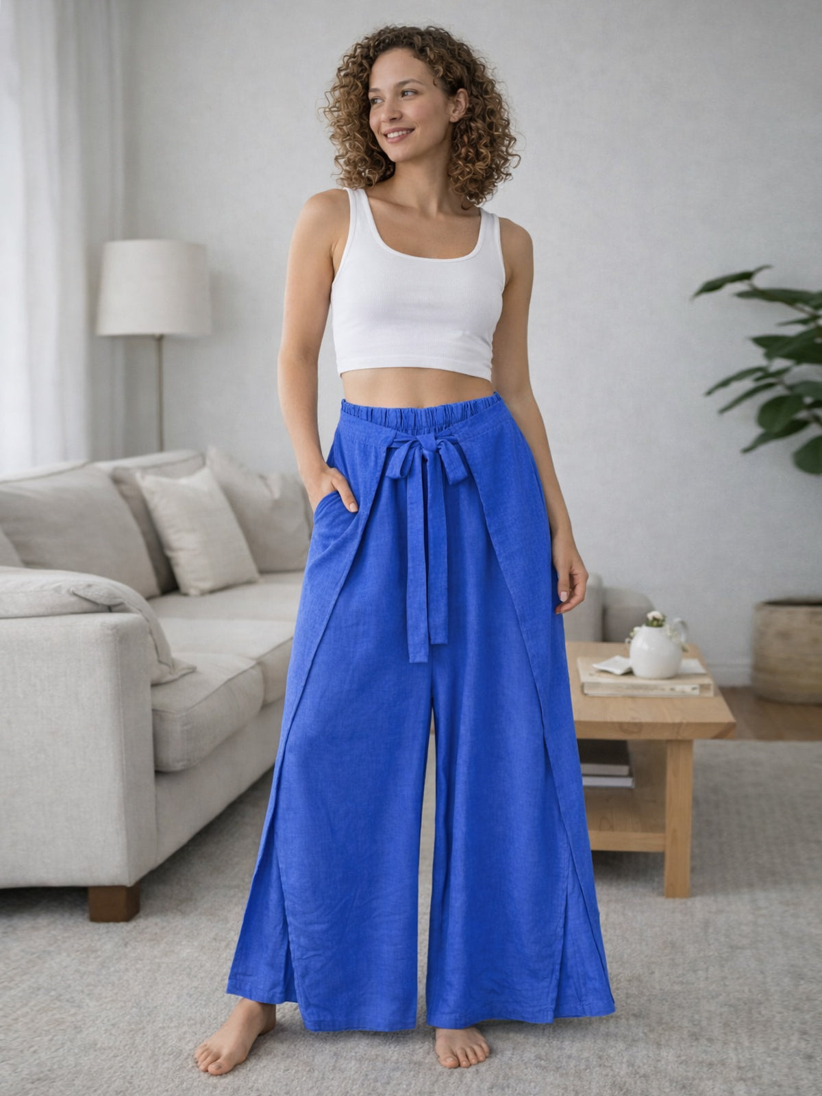 Italian Wrap Front & Split Hem Wide Leg Trousers With Tie Waist - Royal Blue