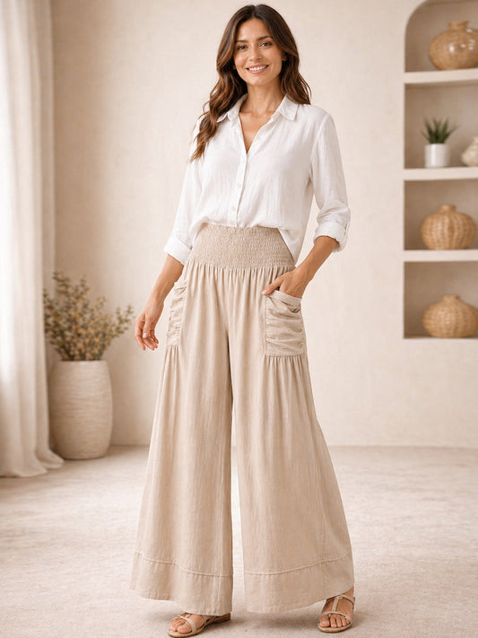 Italian Elasticated Smocked Waist Palazzo with side pockets - Beige