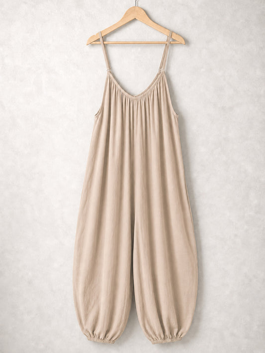Italian Strappy Harem Style Jumpsuit With Side Pockets - Beige