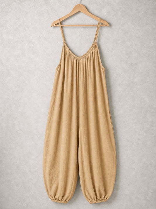 Italian Strappy Harem Style Jumpsuit With Side Pockets - Camel
