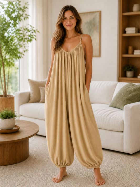 Italian Strappy Harem Style Jumpsuit With Side Pockets - Camel