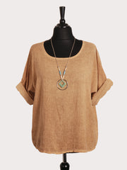 Italian Vintage Dye Linen Blend Top with Necklace - Camel