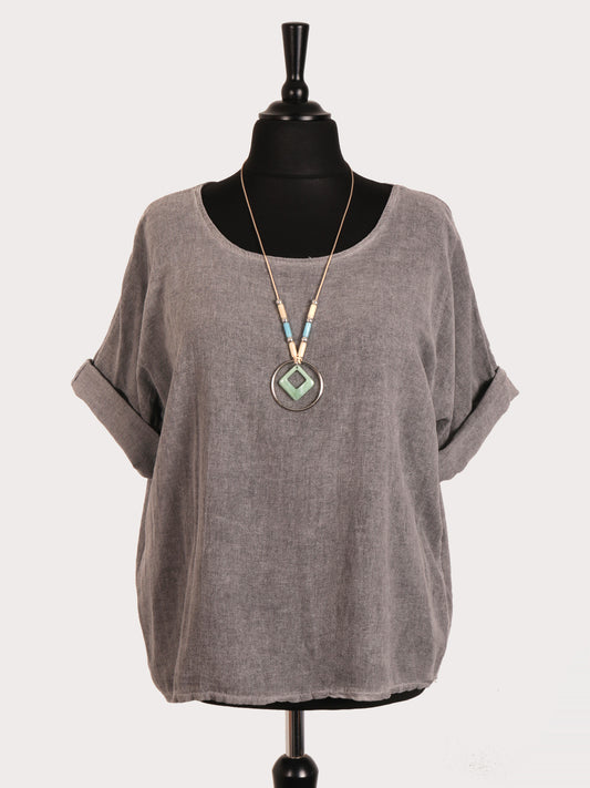 Italian Vintage Dye Linen Blend Top with Necklace - Grey