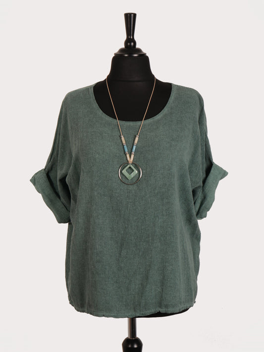 Italian Vintage Dye Linen Blend Top with Necklace - Hunter Green