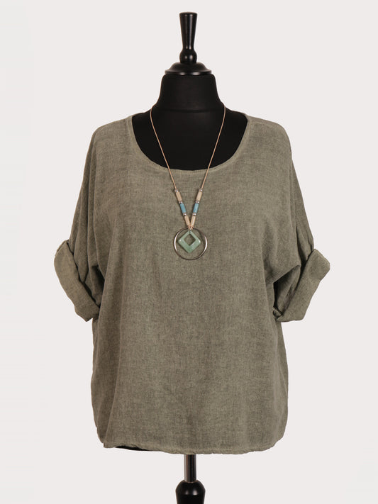 Italian Vintage Dye Linen Blend Top with Necklace - Army Green