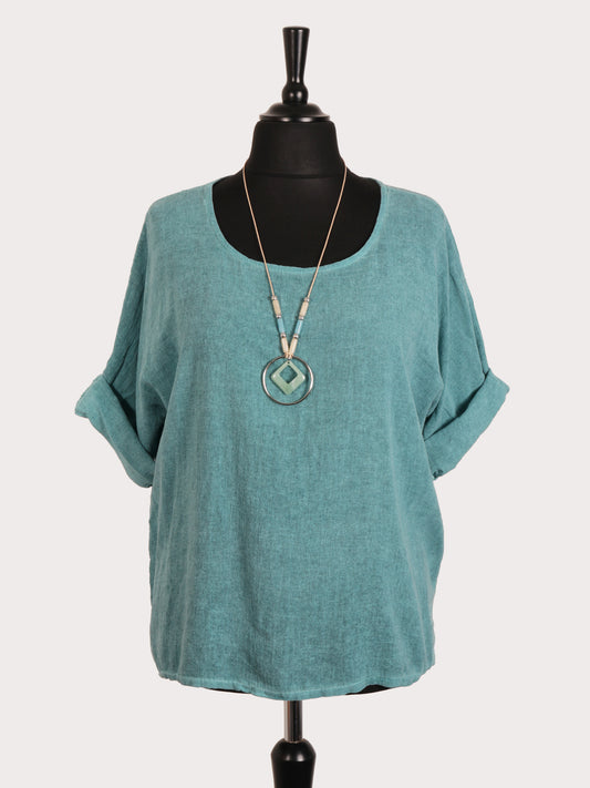 Italian Vintage Dye Linen Blend Top with Necklace - Mint