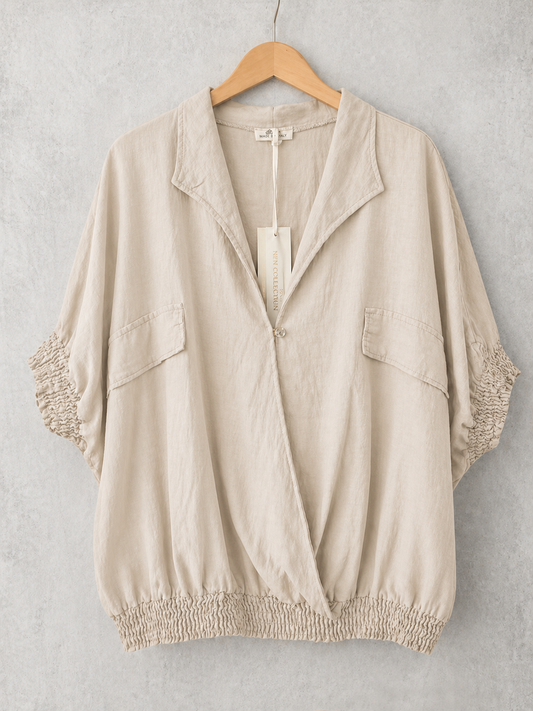 Made In Italy Wrap-front Flowy Cropped Batwing Top With Elastic Hem - Beige