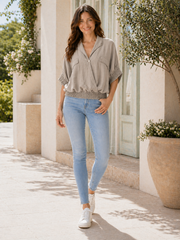 Made In Italy Wrap-front Flowy Cropped Batwing Top With Elastic Hem - Mocha