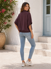 Made In Italy Wrap-front Flowy Cropped Batwing Top With Elastic Hem - Plum