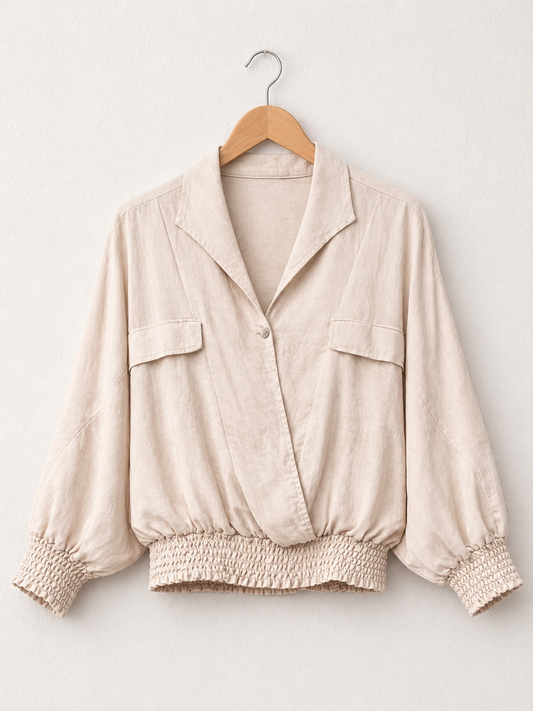 Made In Italy Wrap-front Flowy Cropped Top With Elastic Hem - Beige