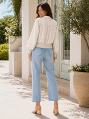 Made In Italy Wrap-front Flowy Cropped Top With Elastic Hem - Beige