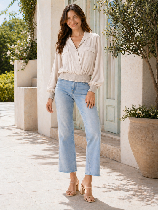 Made In Italy Wrap-front Flowy Cropped Top With Elastic Hem - Beige