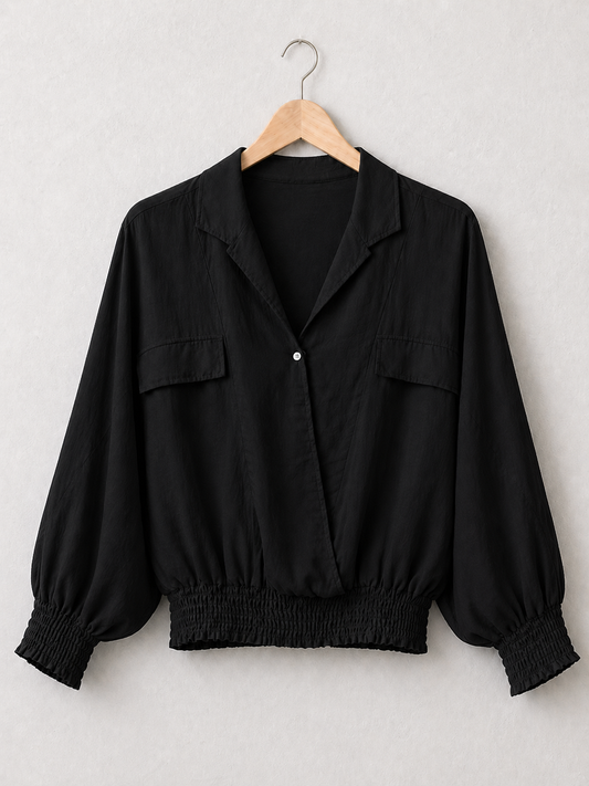 Made In Italy Wrap-front Flowy Cropped Top With Elastic Hem - Black