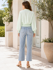 Made In Italy Wrap-front Flowy Cropped Top With Elastic Hem - Light Mint