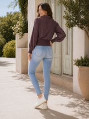 Made In Italy Wrap-front Flowy Cropped Top With Elastic Hem - Plum