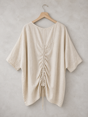 Plus Size Italian Ruched Detail Batwing Linen Top - Beige