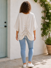 Plus Size Italian Ruched Detail Batwing Linen Top - Beige
