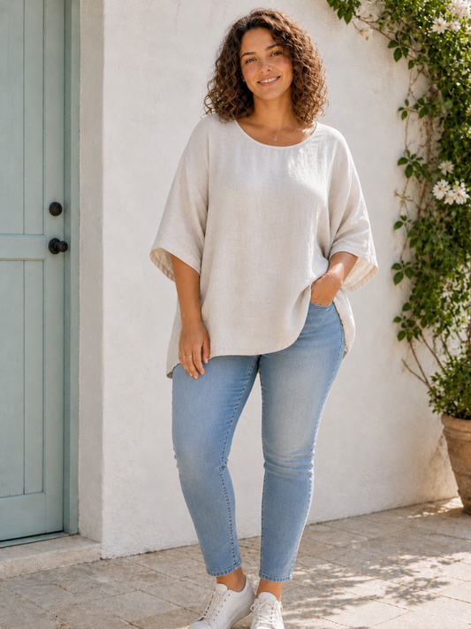 Plus Size Italian Ruched Detail Batwing Linen Top - Beige
