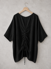 Plus Size Italian Ruched Detail Batwing Linen Top - Black