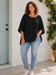 Plus Size Italian Ruched Detail Batwing Linen Top - Black