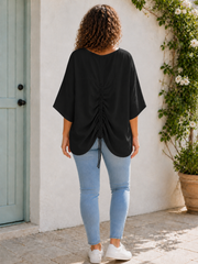 Plus Size Italian Ruched Detail Batwing Linen Top - Black