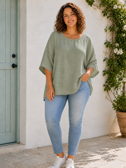 Plus Size Italian Ruched Detail Batwing Linen Top - Khaki