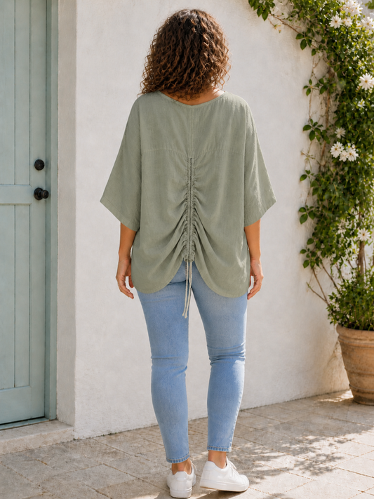 Plus Size Italian Ruched Detail Batwing Linen Top - Khaki