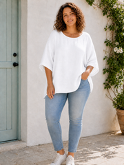 Plus Size Italian Ruched Detail Batwing Linen Top - White