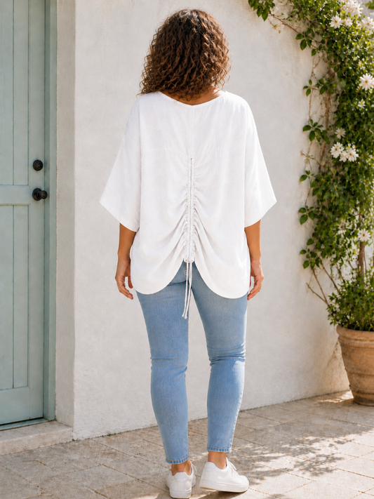 Plus Size Italian Ruched Detail Batwing Linen Top - White