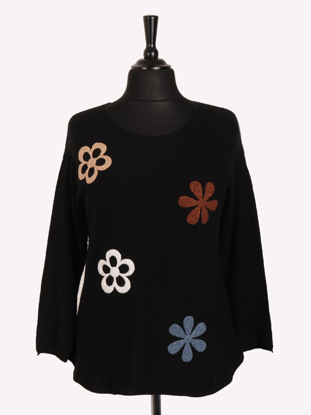 Italian Embossed Flower Soft Knit Jumper - Black