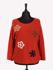 Italian Embossed Flower Soft Knit Jumper - Rust