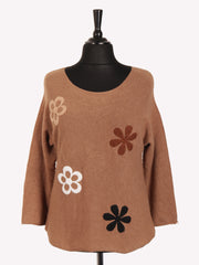 Italian Embossed Flower Soft Knit Jumper - Camel