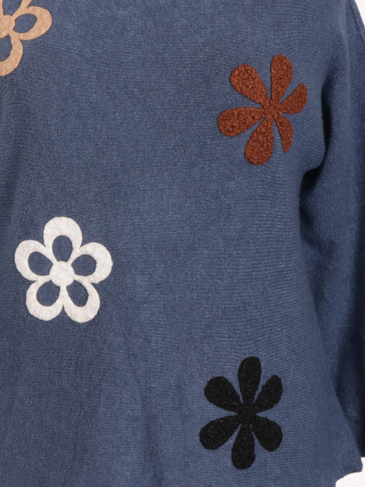 Italian Embossed Flower Soft Knit Jumper - Denim