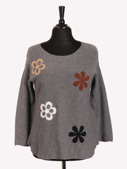 Italian Embossed Flower Soft Knit Jumper - Grey
