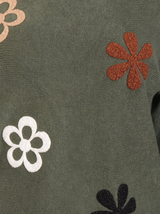 Italian Embossed Flower Soft Knit Jumper - Army Green