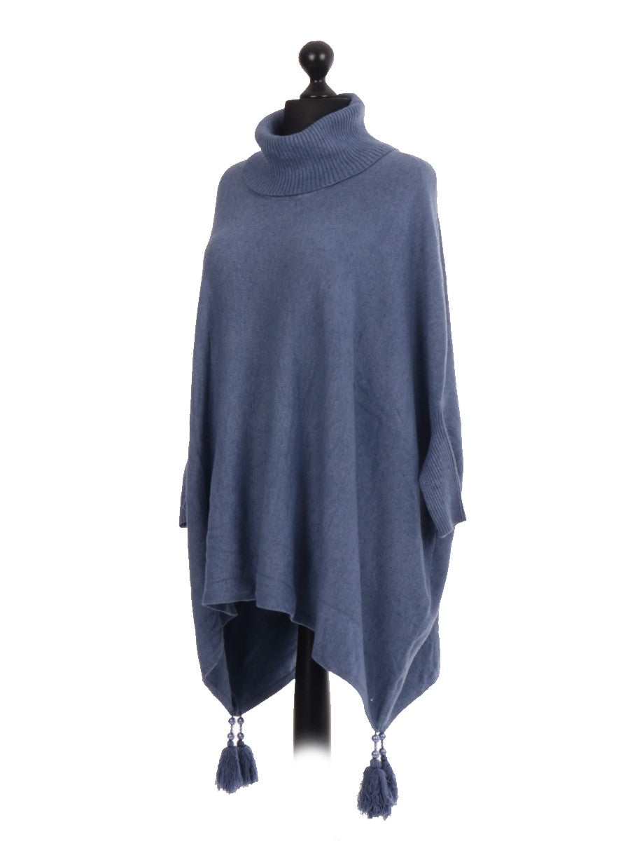 Italian Cowl Neck Batwing Tassels Poncho - Denim