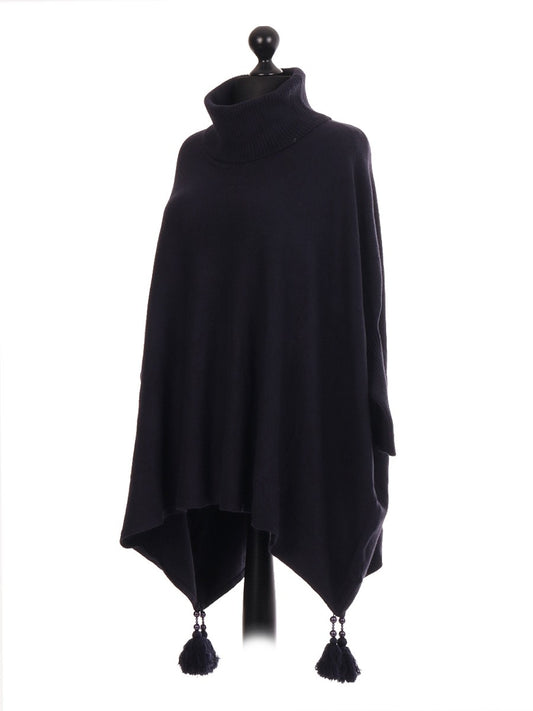 Italian Cowl Neck Batwing Tassels Poncho - Navy